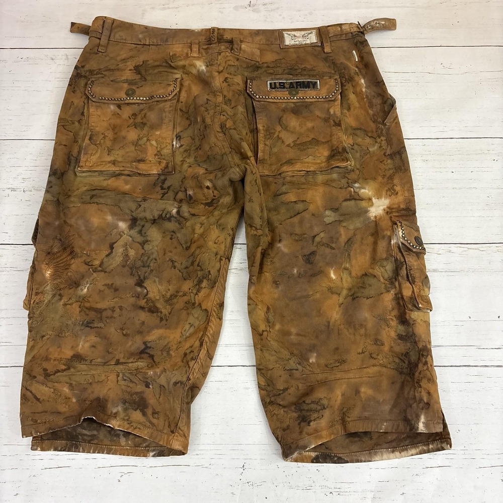 Robin's Jean Cargo Shorts Mens 40 Brown Camo Studded Military Pockets Army